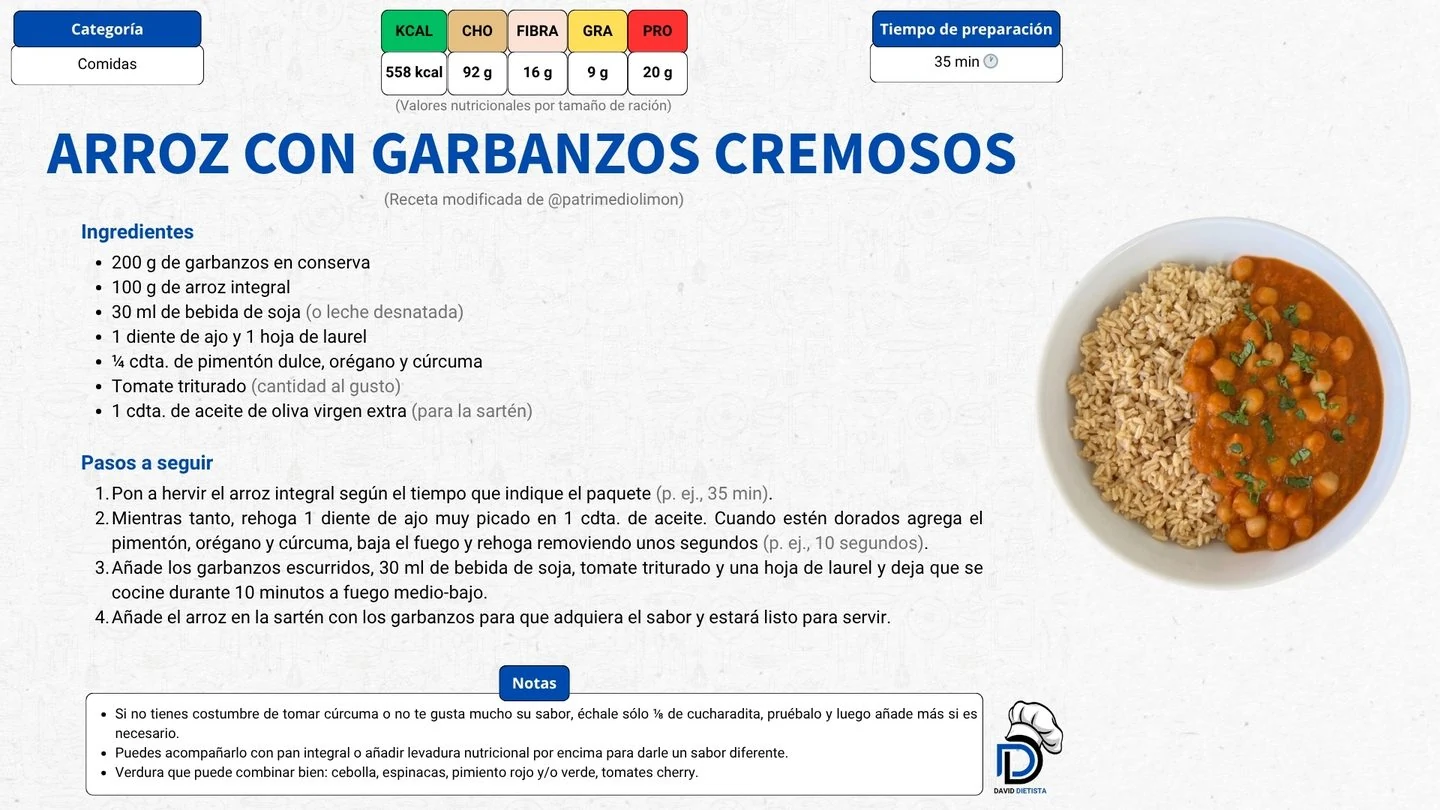 Receta del dietista: arroz con garbanzos cremosos, con sus macros por ración